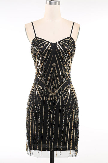 Black Golden Spaghetti Straps Sequins 1920s Dress